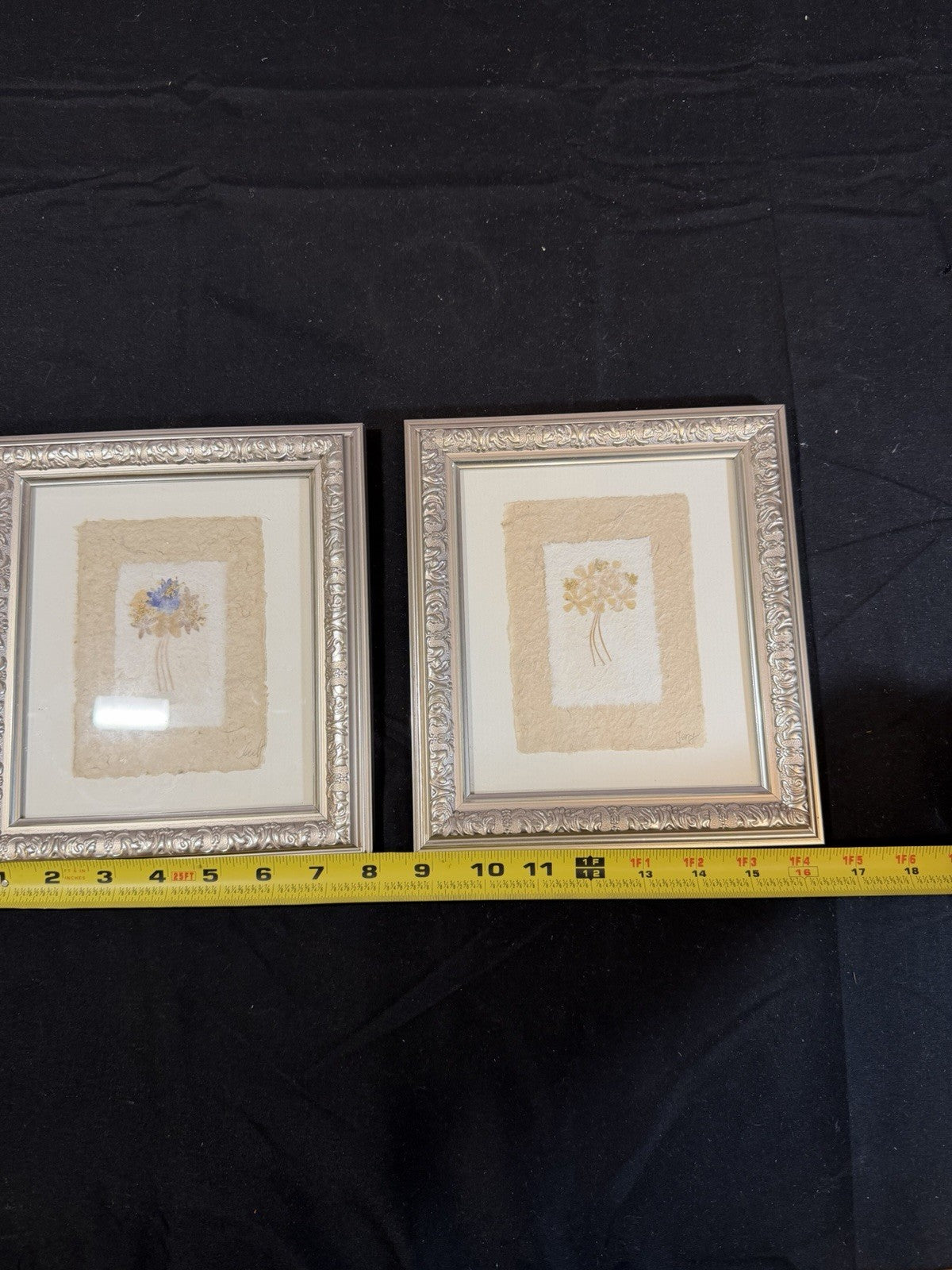 Pressed Flowers Framed Wall Art Signed 8x9 Vintage Botanical Signed Pair