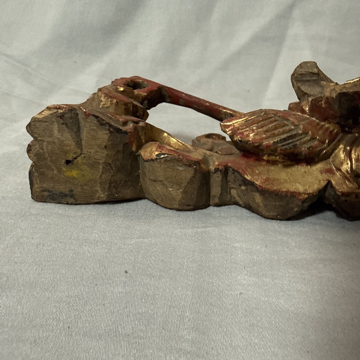 Antique Chinese Qing Dynasty Wood Temple  Red & Gilt Panel Dragon Fragment 7”x3”