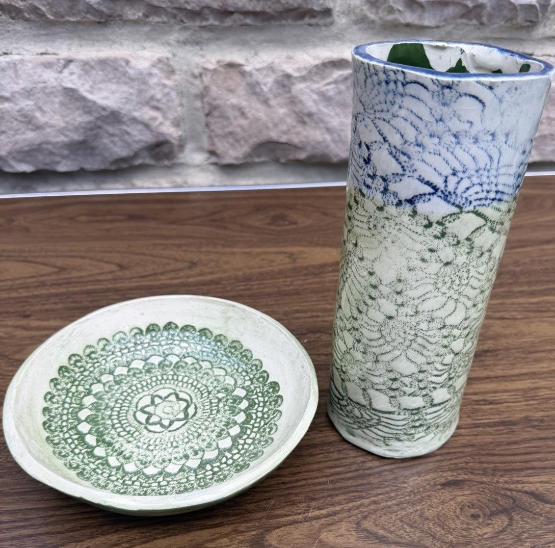 Studio Art Pottery Vase Handled Dish Set Signed WB Lace Imprint Ceramic MCM