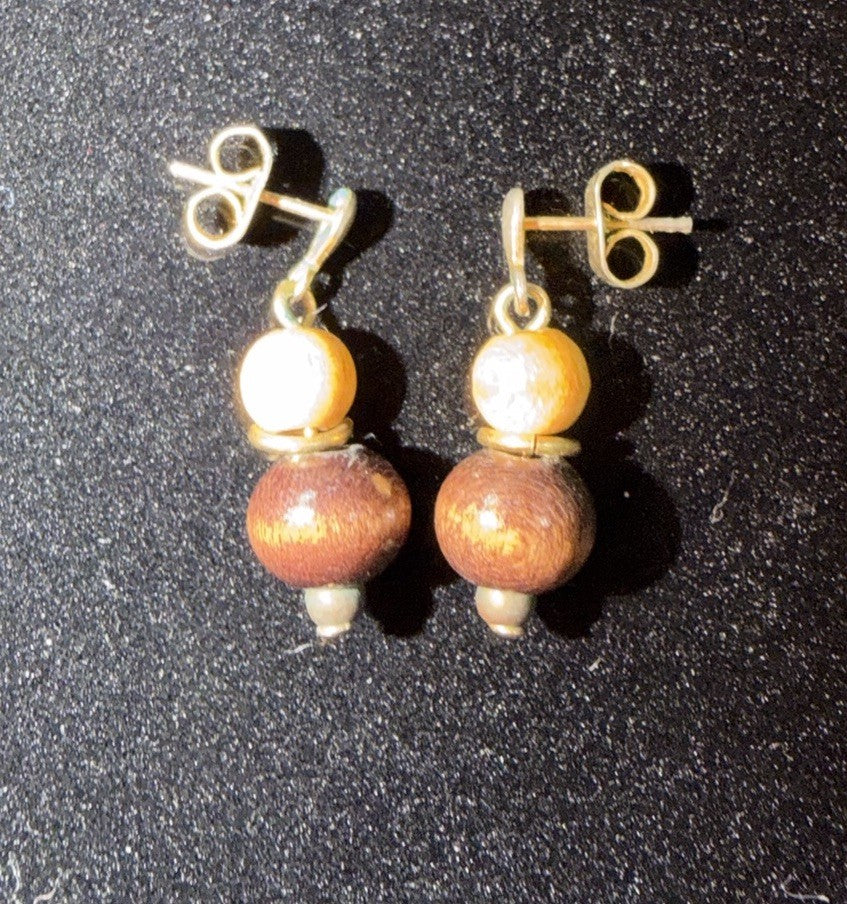 Vintage Canadian Handicrafts Snowbird Wood Bead Drop Earrings Diamond Shape Pair