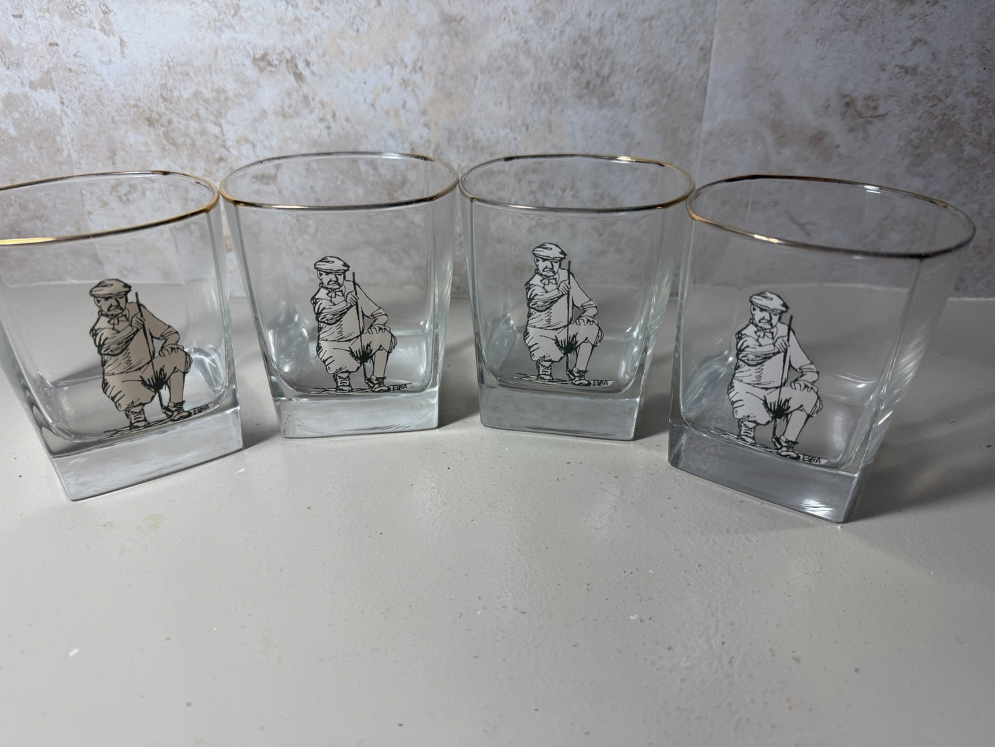 Vintage Golf Lowball Glasses Gold Rim Golfer Rock Whiskey Tumblers MCM Set of 4