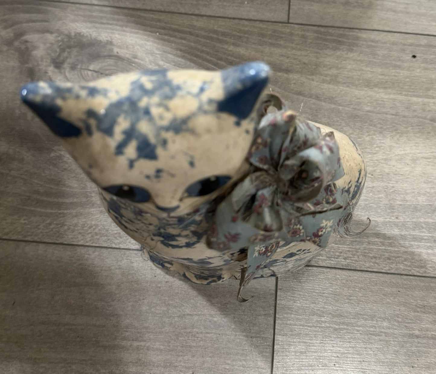 Katy’s “Country Charm” Ceramic Cat Figurine by Karen, blue floral pattern