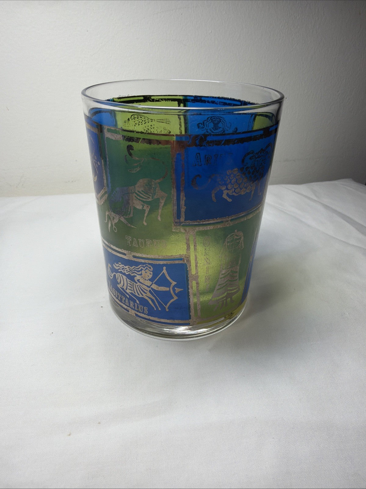 Vintage Mosaic Zodiac Cocktail Highball Glass Blue Gold 4"