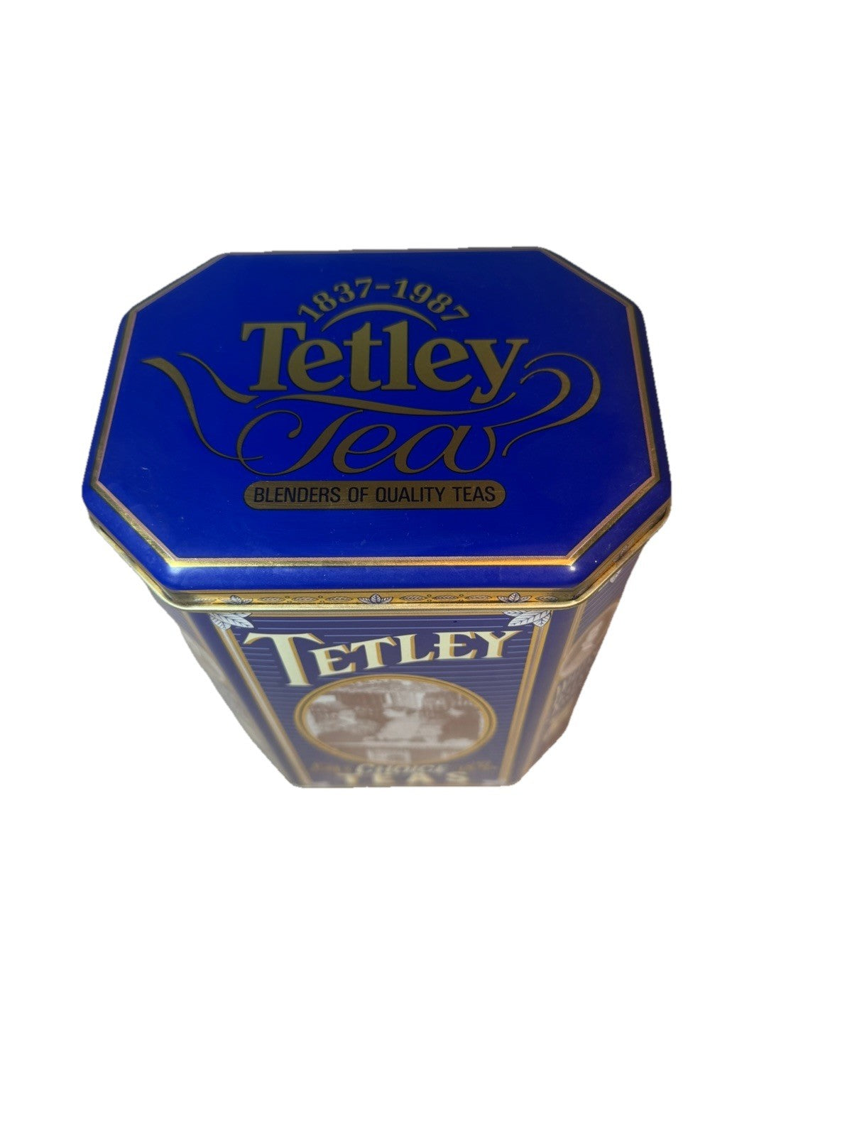 Vintage Tetley Tea Tin England 1837 1987 Blue Advertising Canister 7.5"x4"