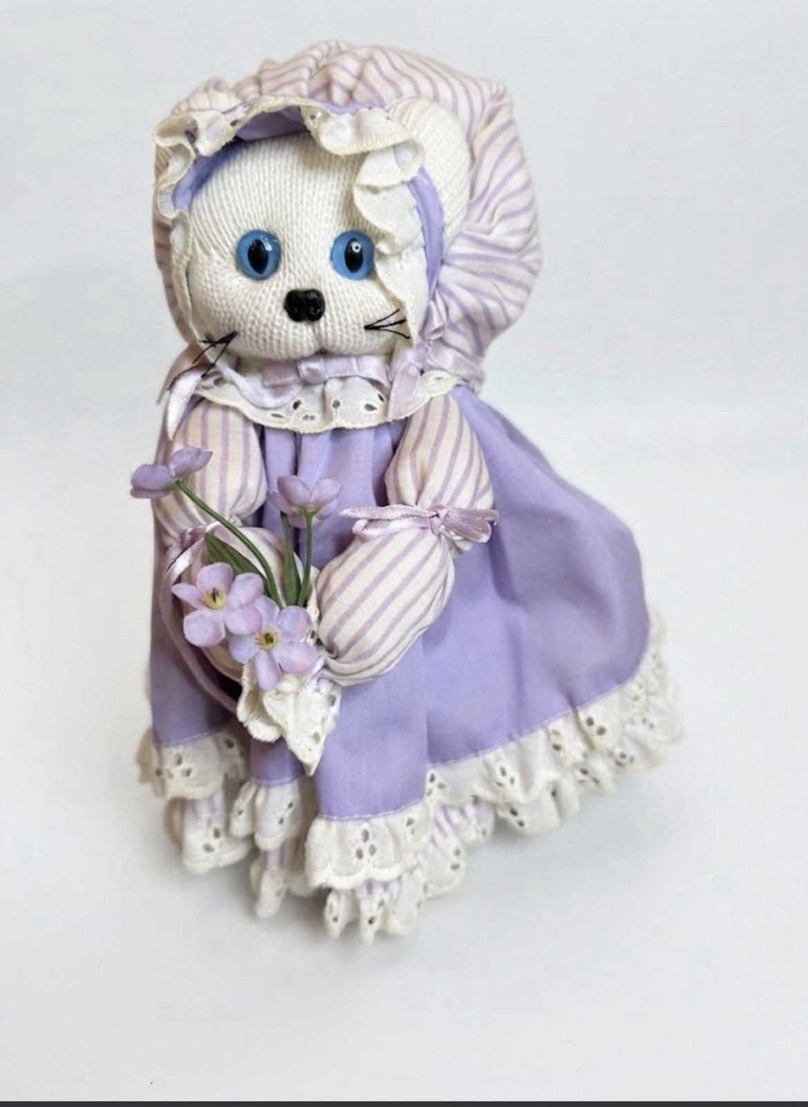 Vintage Handmade Knit Cat Doll Plush Purple Dress Bonnet Flowers Stuffed Animal