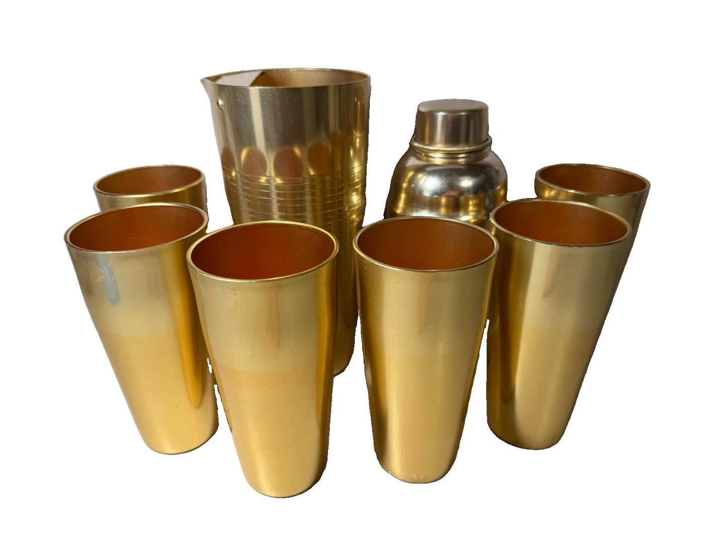 Vintage Italian Gold Tone Aluminum Barware Set Pitcher Shaker 6 Cups Made Italy