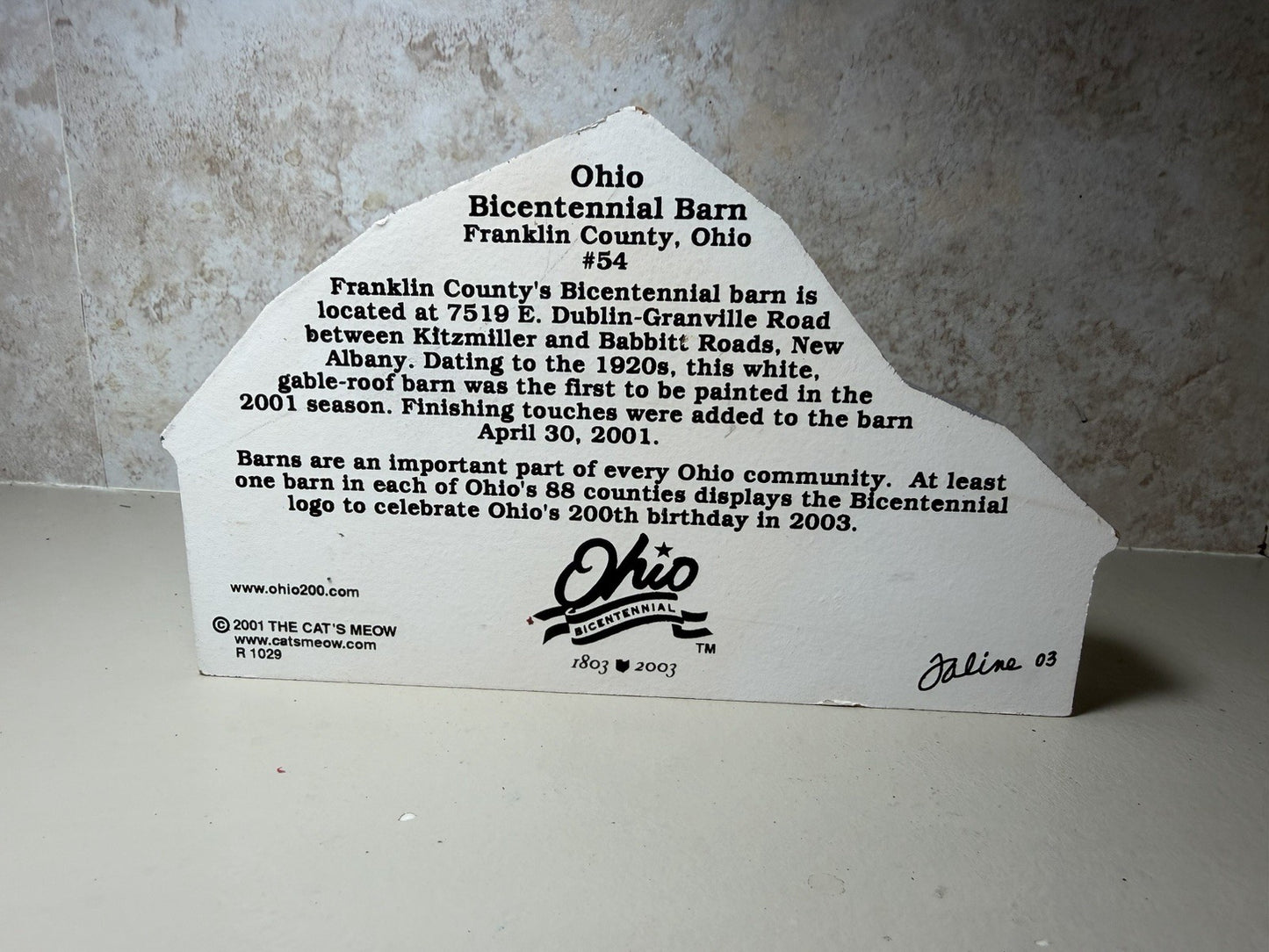 Cats Meow Ohio Bicentennial Barn 54 Franklin County Wooden Shelf Sitter 2003