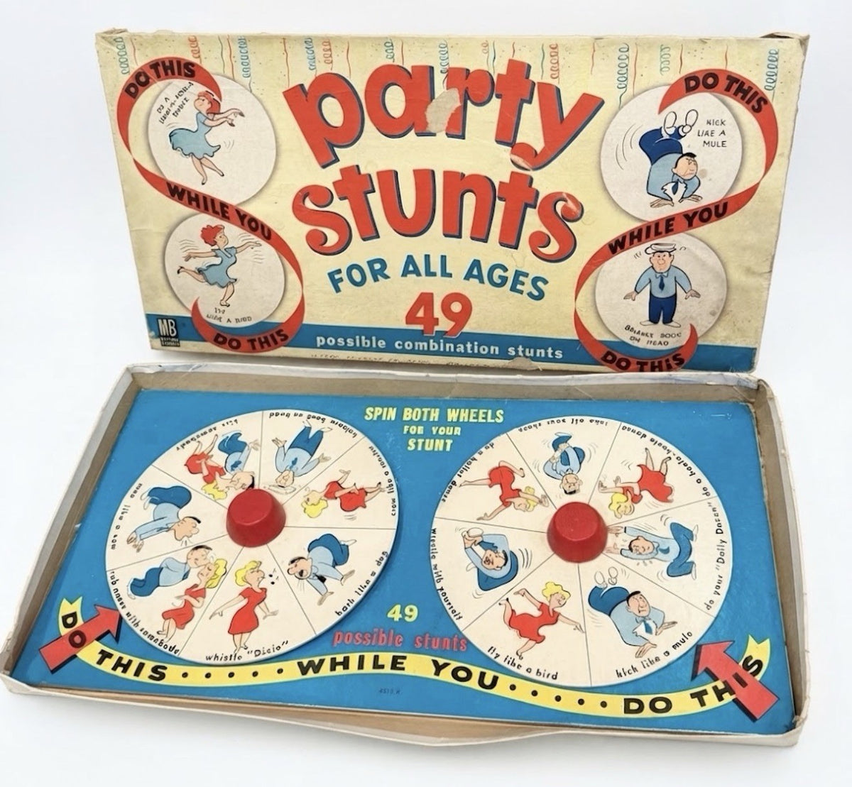 Vintage 1950s Milton Bradley Party Stunts 4317 Dual Spinner Complete Game Box MB