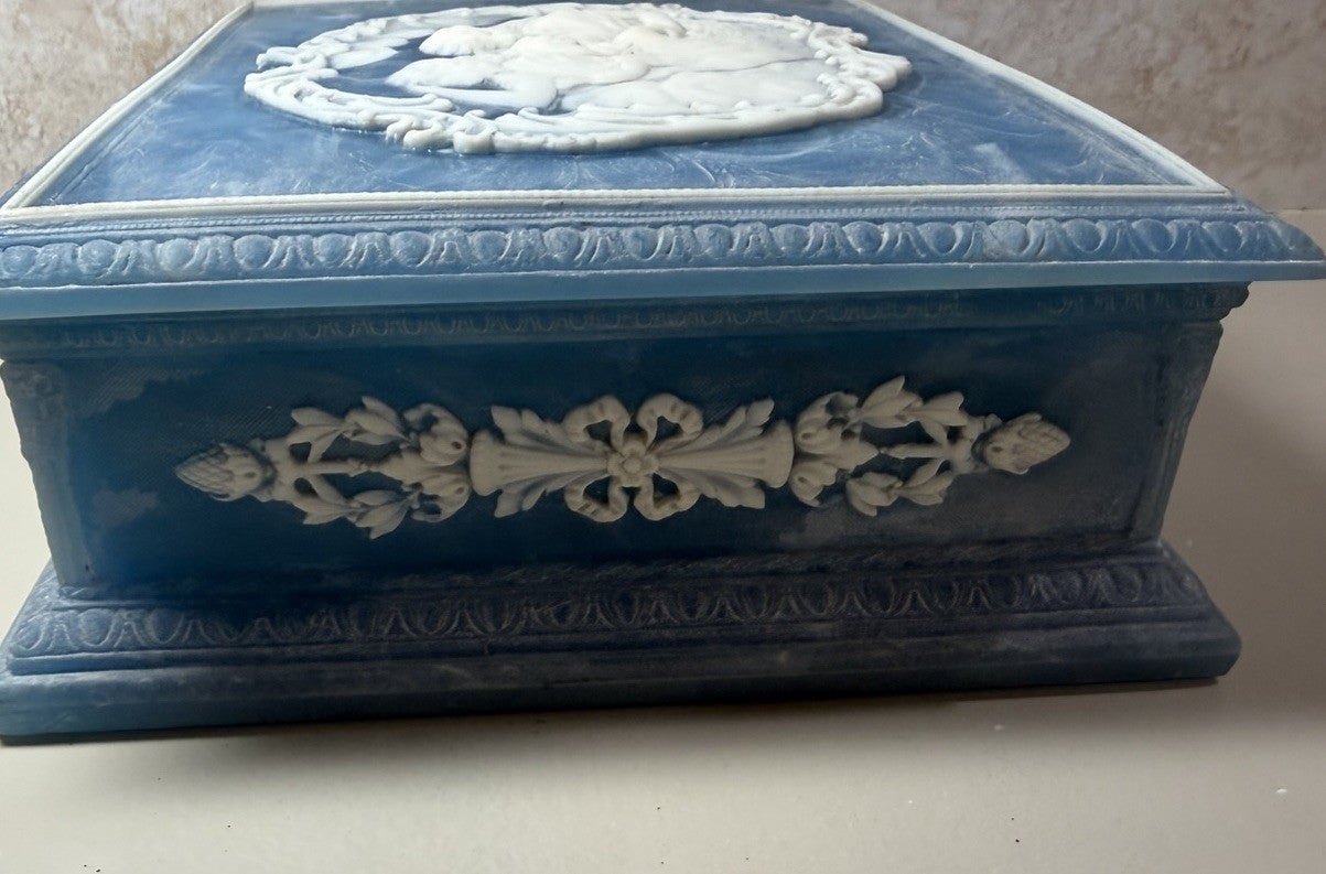 Vintage Incolay Stone Nimbus Three Maidens Blue Cameo Jewelry Box 1979