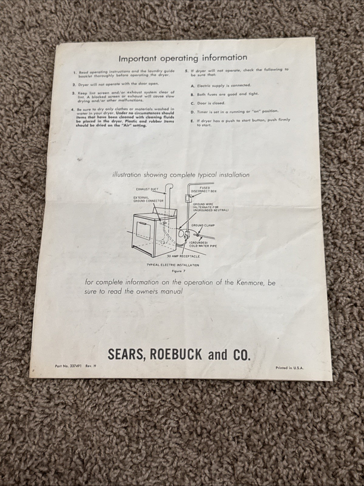 Vintage 1970s Sears Kenmore “How To Install Your New Electric Dryer” Instruction