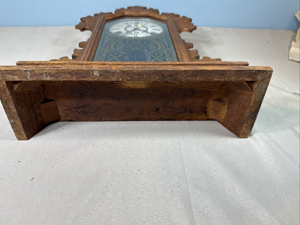Antique E Ingraham Parlor Kitchen Mantel Clock Gingerbread Wood Case WORKS USA