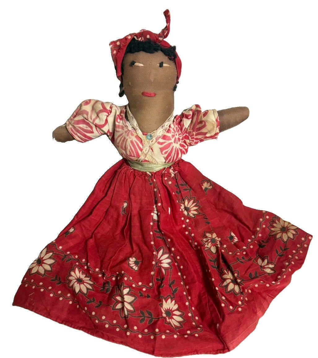 Vintage Handmade Folk Art Cloth Doll Floral Dress Handkerchief 12"