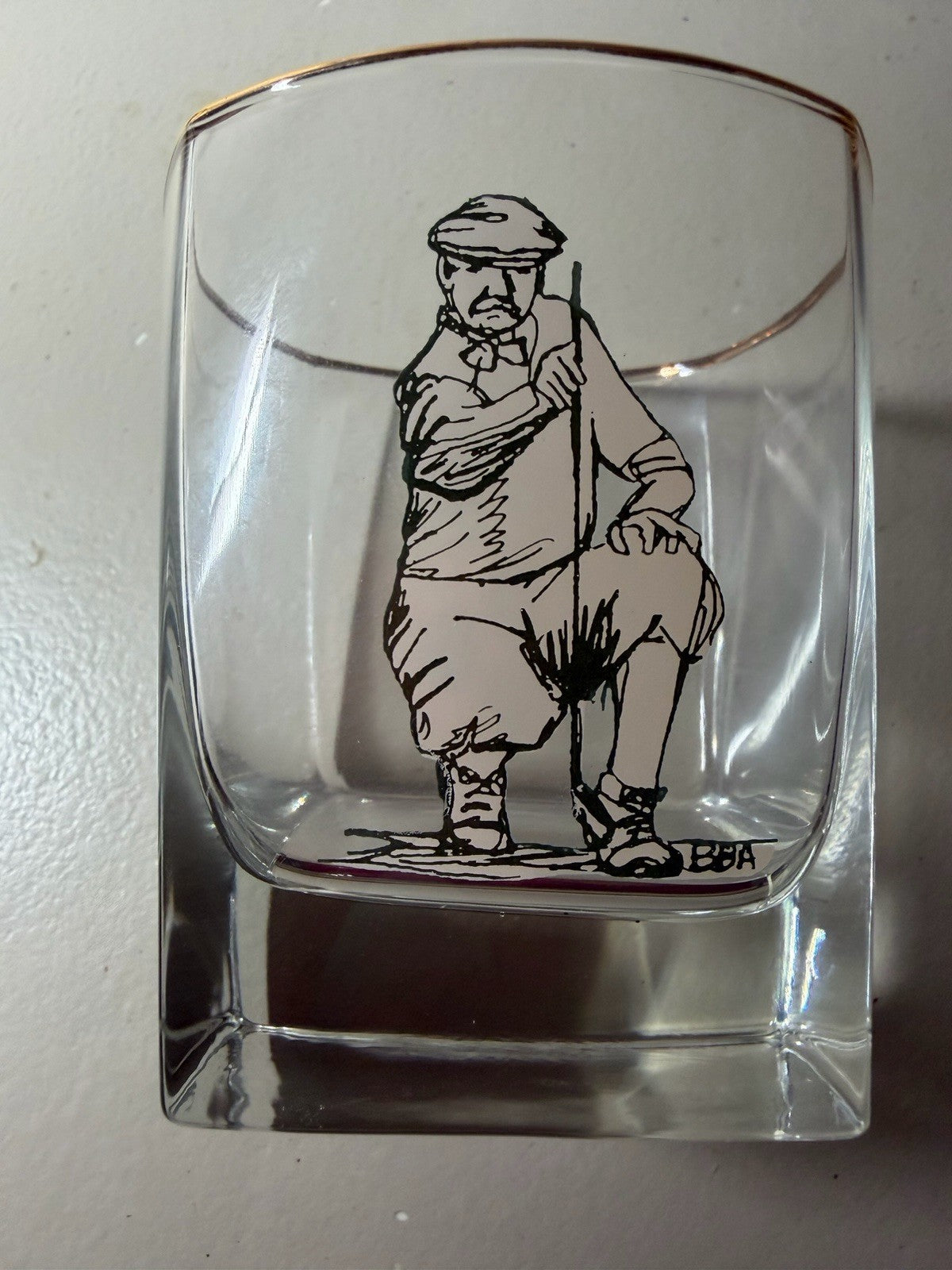 Vintage Golf Lowball Glasses Gold Rim Golfer Rock Whiskey Tumblers MCM Set of 4