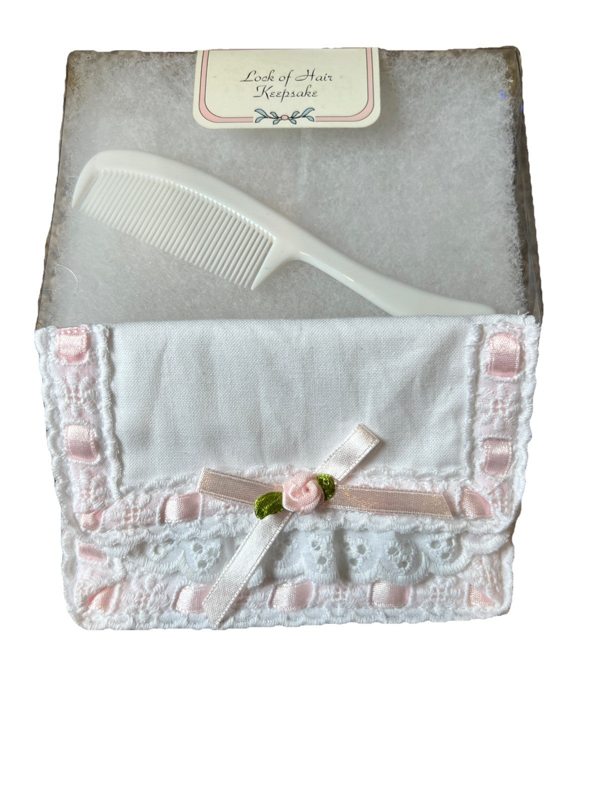 Vintage Lock of Hair Keepsake Box with Comb – White & Pink Lace – Baby Memory