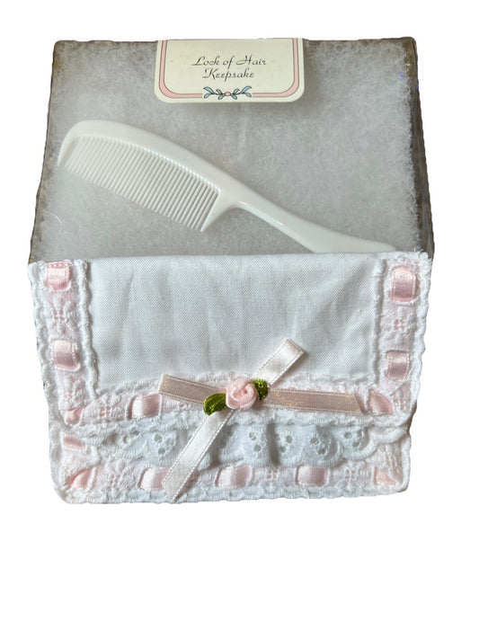 Vintage Lock of Hair Keepsake Box with Comb – White & Pink Lace – Baby Memory