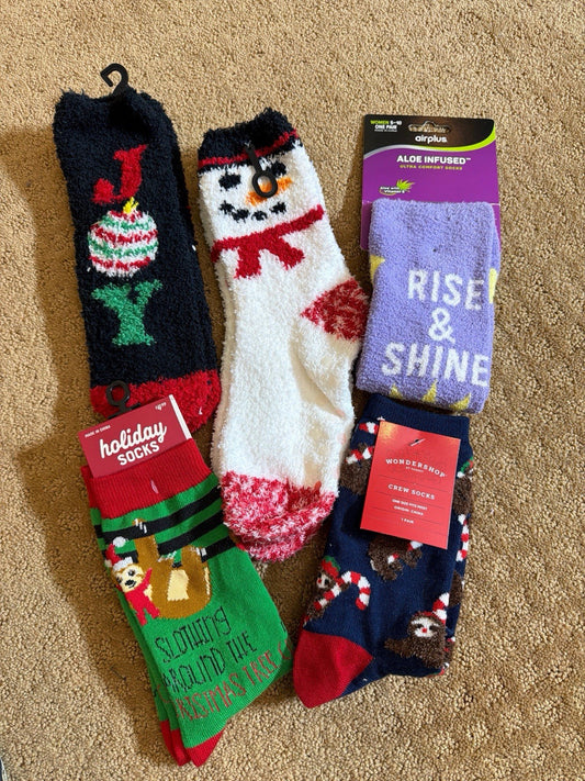 Lot of 5 Pairs Fuzzy Holiday Novelty Socks Sloth Snowman Joy Rise Shine Gift Set