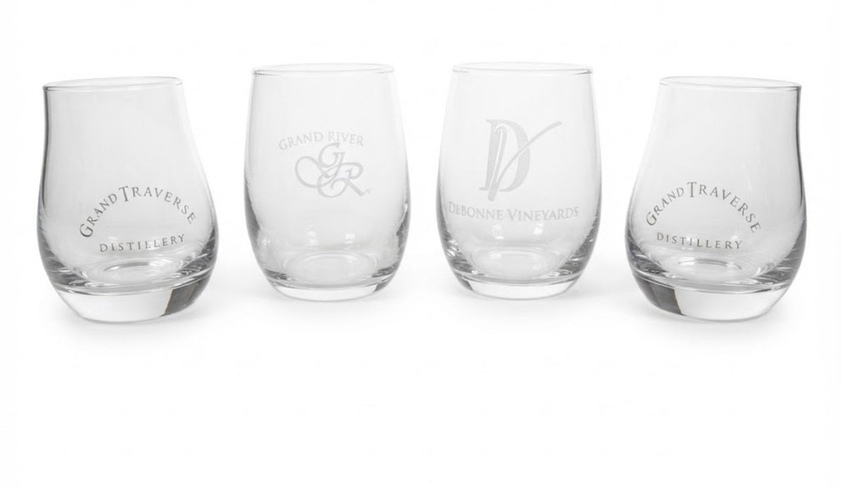 Grand Traverse Debonne GRV Etched Stemless Wine Glasses Lot 4 Tasting Tumblers
