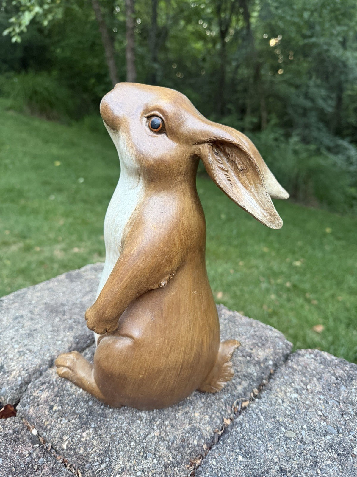 Vintage Faux Wood Carved Rabbit Statue 12.5" Standing Resin Bunny Figurine Eyes