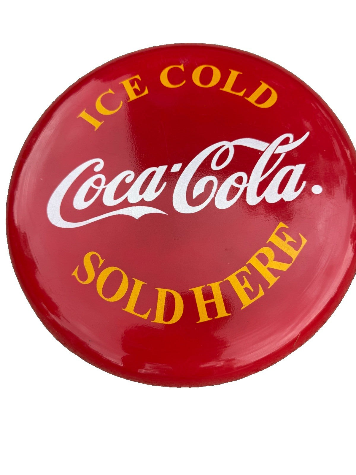 Vintage Coca Cola 12in Button Sign Ice Cold Sold Here Round Red Metal Coke