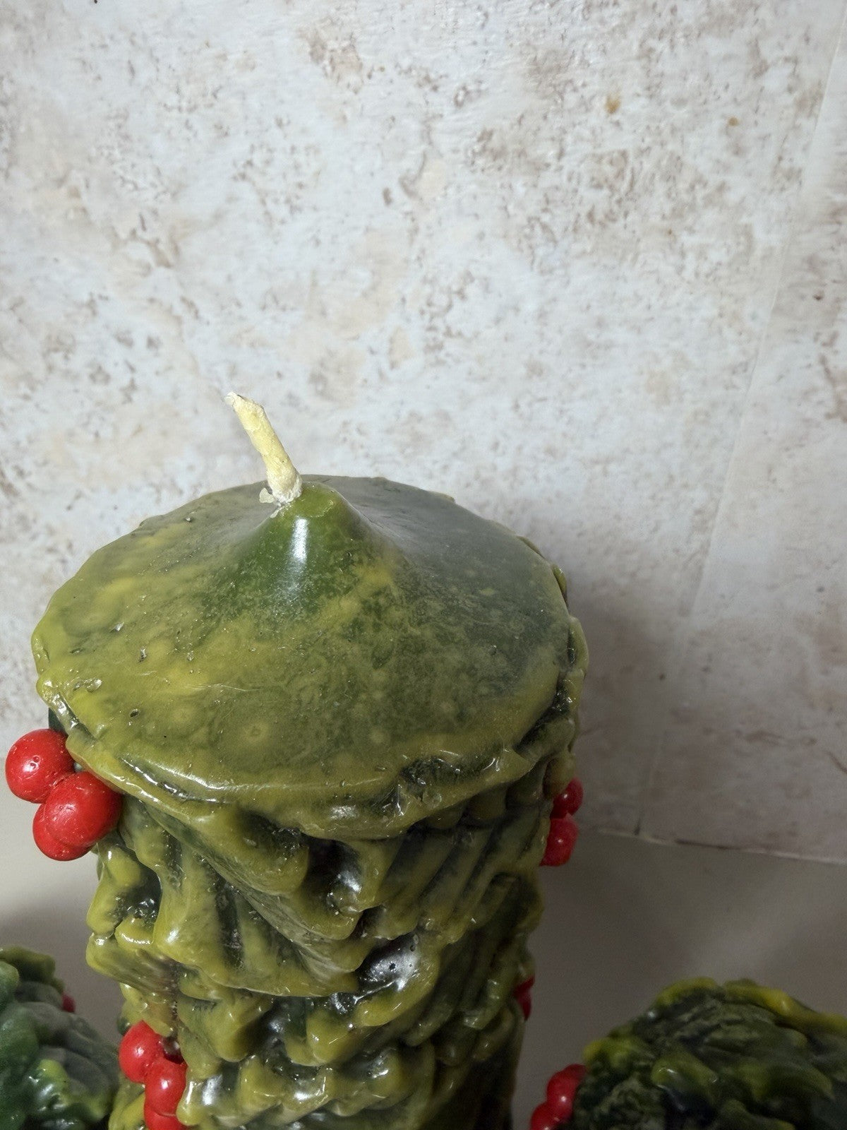 Vintage Italian Holly & Berry Christmas Candle Set Pillar and Two Spheres