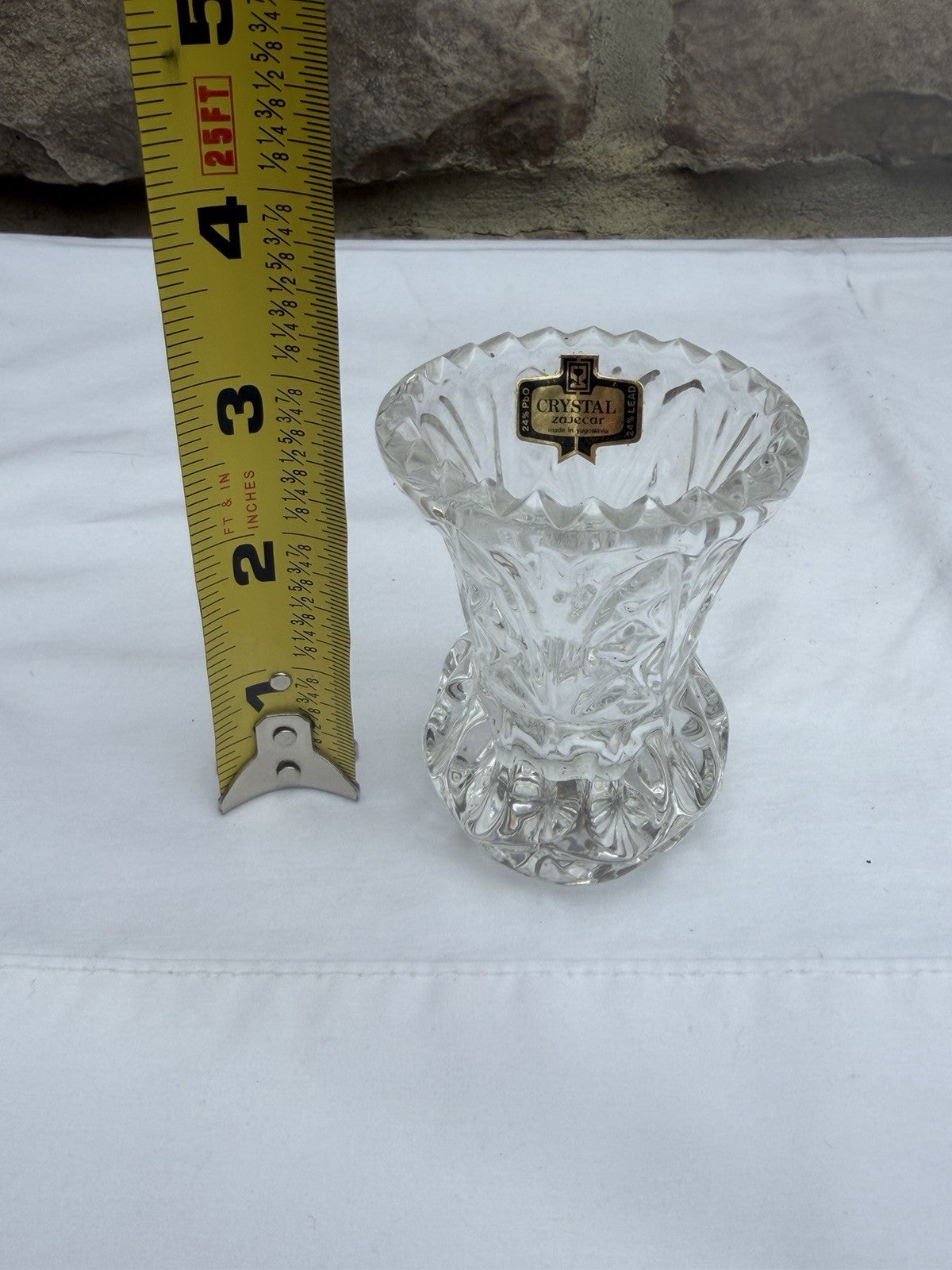 Vintage Zajecar Yugoslavia 24% Lead Crystal Mini Bud Vase Toothpick Holder Label