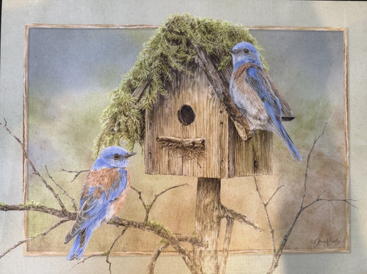 Jane Shasky Birdhouse Blue Birds Art Print 9x12 Cottage Garden Wall Decor