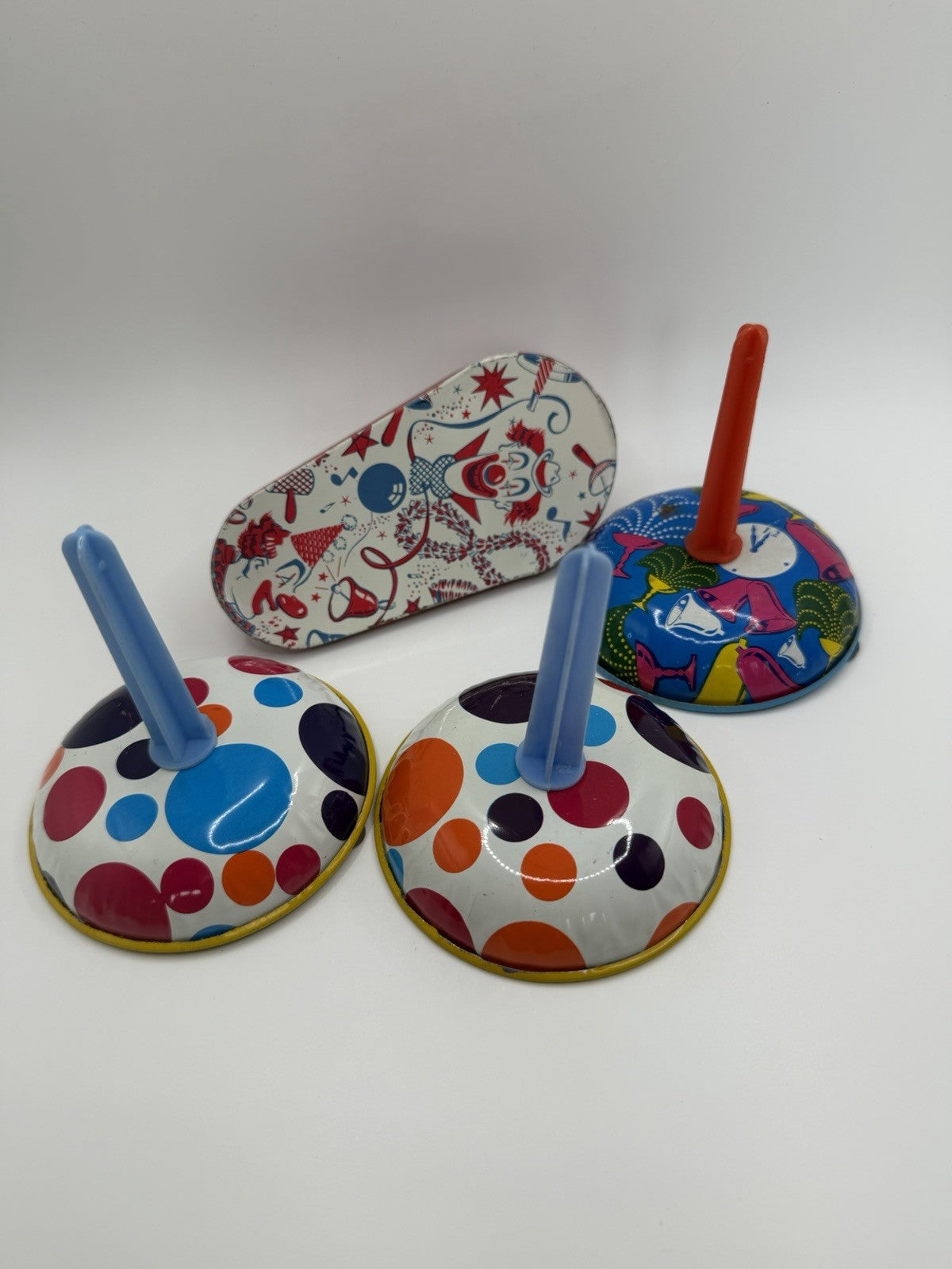 Vintage Tin Clicker Toys Circus Clown Ratchet Noise Makers Litho Metal Lot of 3