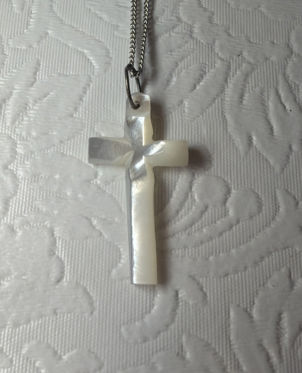 Vintage Carved Mother of Pearl Shell Cross Necklace Silver Tone Chain Minimalist