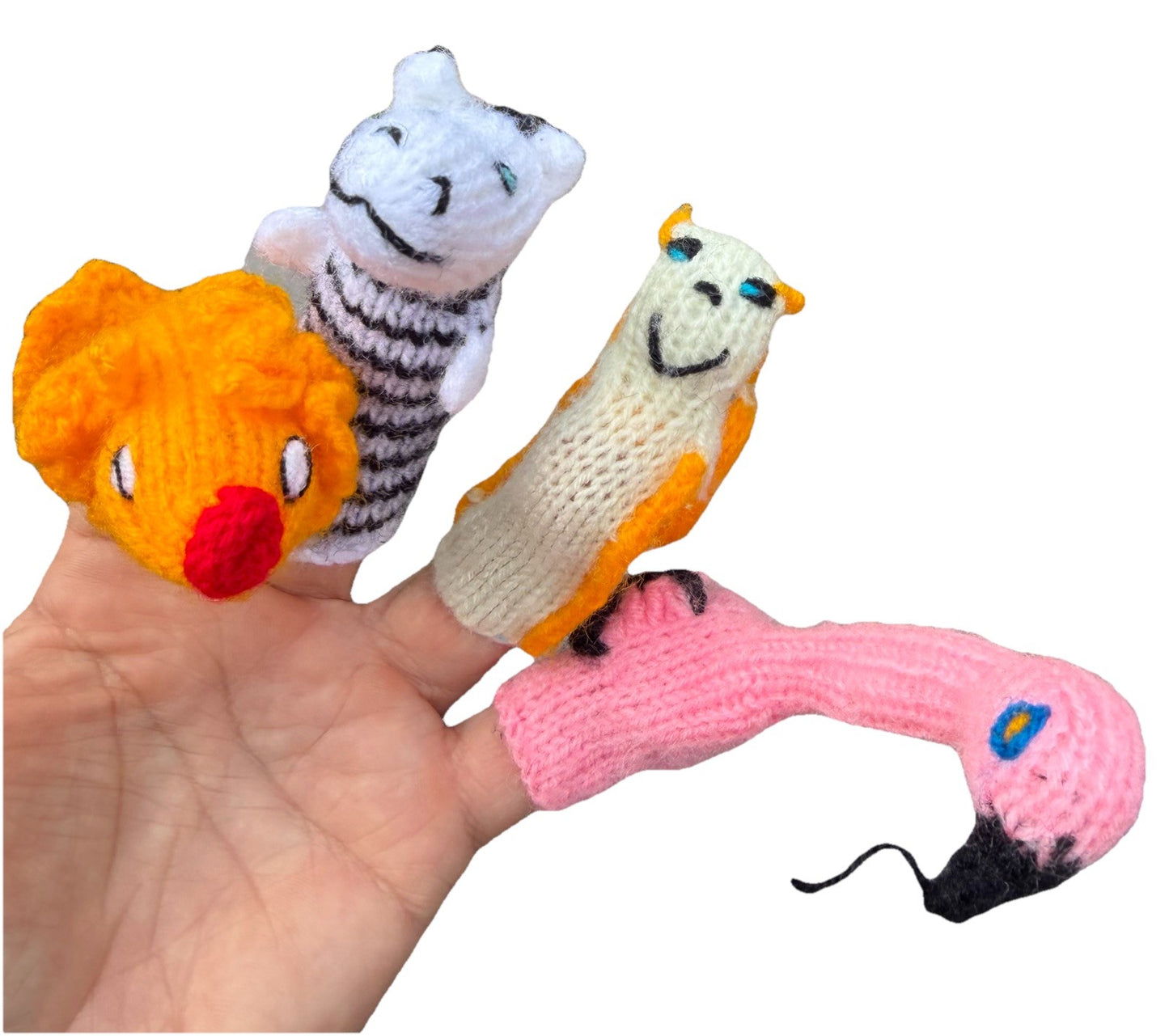 Hand Knitted Wild Animal Finger Puppets Zebra Giraffe Flamingo Snail Monkey Fish