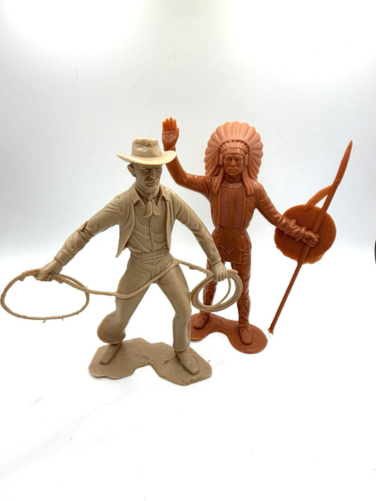 Vintage Louis Marx & Co. Cowboy and Indian Action Figures Set 1964