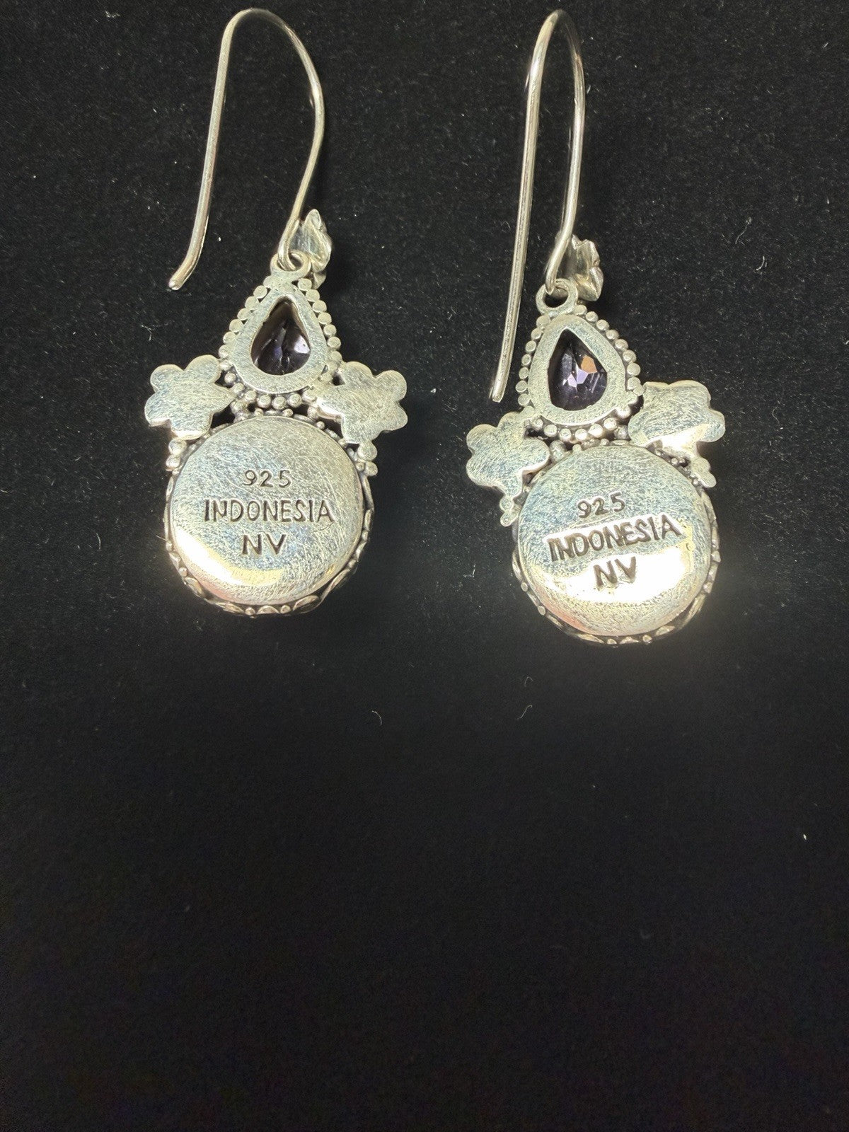925 Sterling Silver Blue Pearl Amethyst Floral Dangle Earrings Indonesia