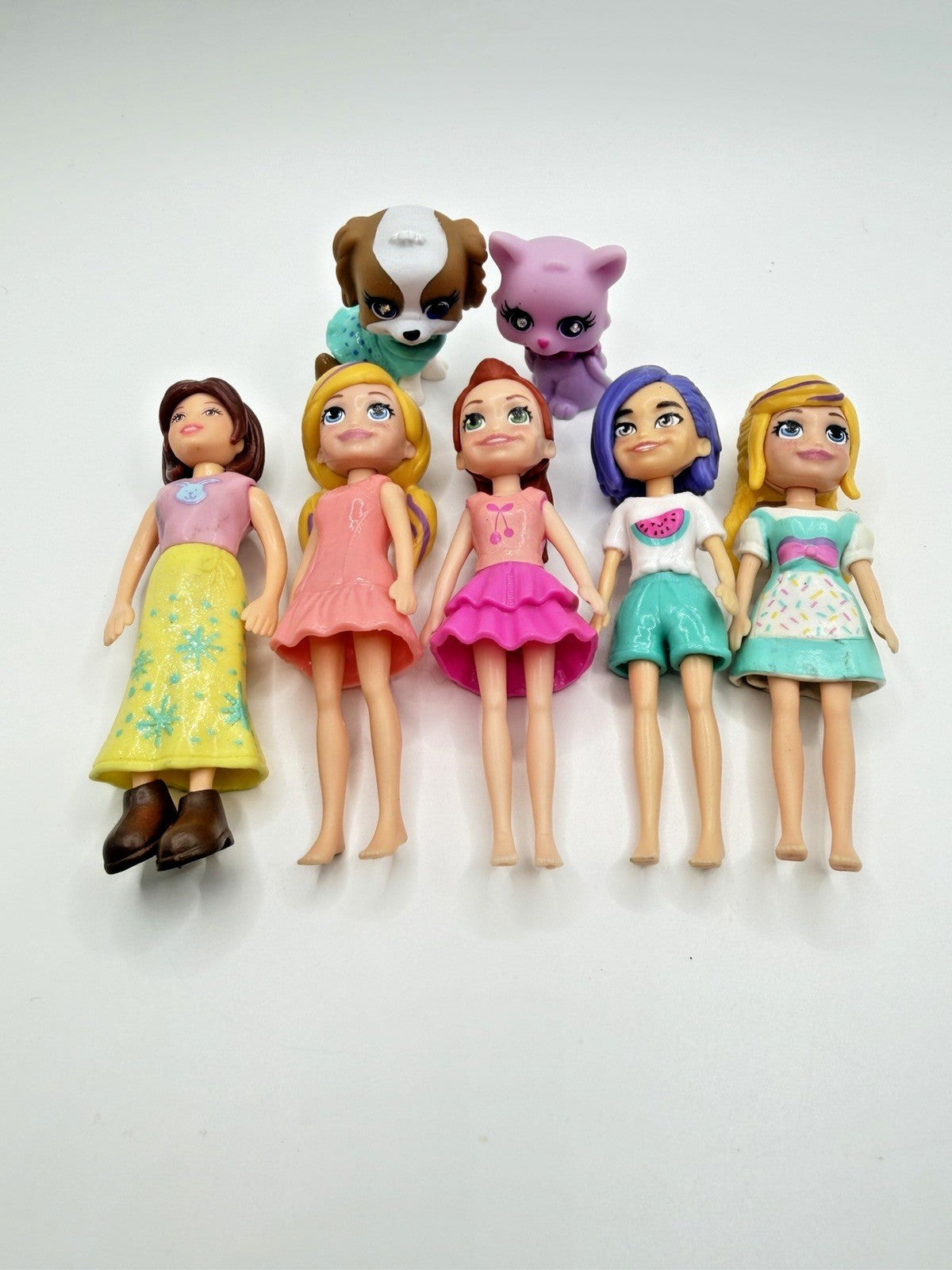 Polly Pocket Doll Figures Lot of 7 Mattel Mini Dolls Pets Dog Cat 3.5" Toys Set