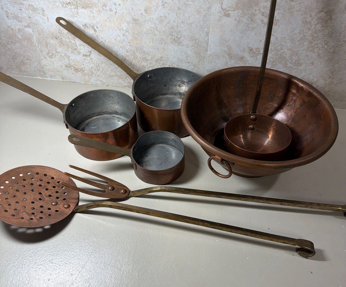 Vintage Copper Cookware Pot Pan Mixing Bowl Measuring Cup Ladle Skimmer Kitchen