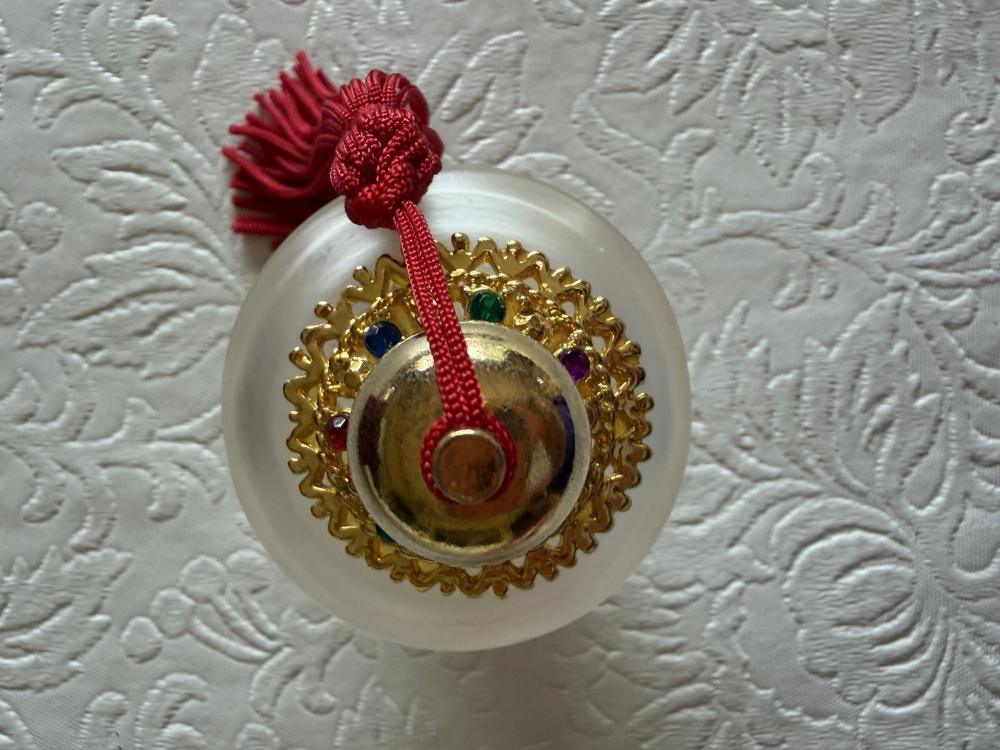 Vintage Ahjar Ornate Perfume Bottle Gold Tone Red Gemstone Glass Pouch Vanity