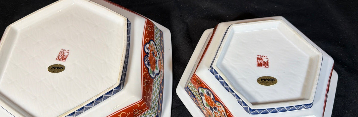 1982 Japanese Imari Porcelain Hexagonal Bowls Set 10” 8” Mann