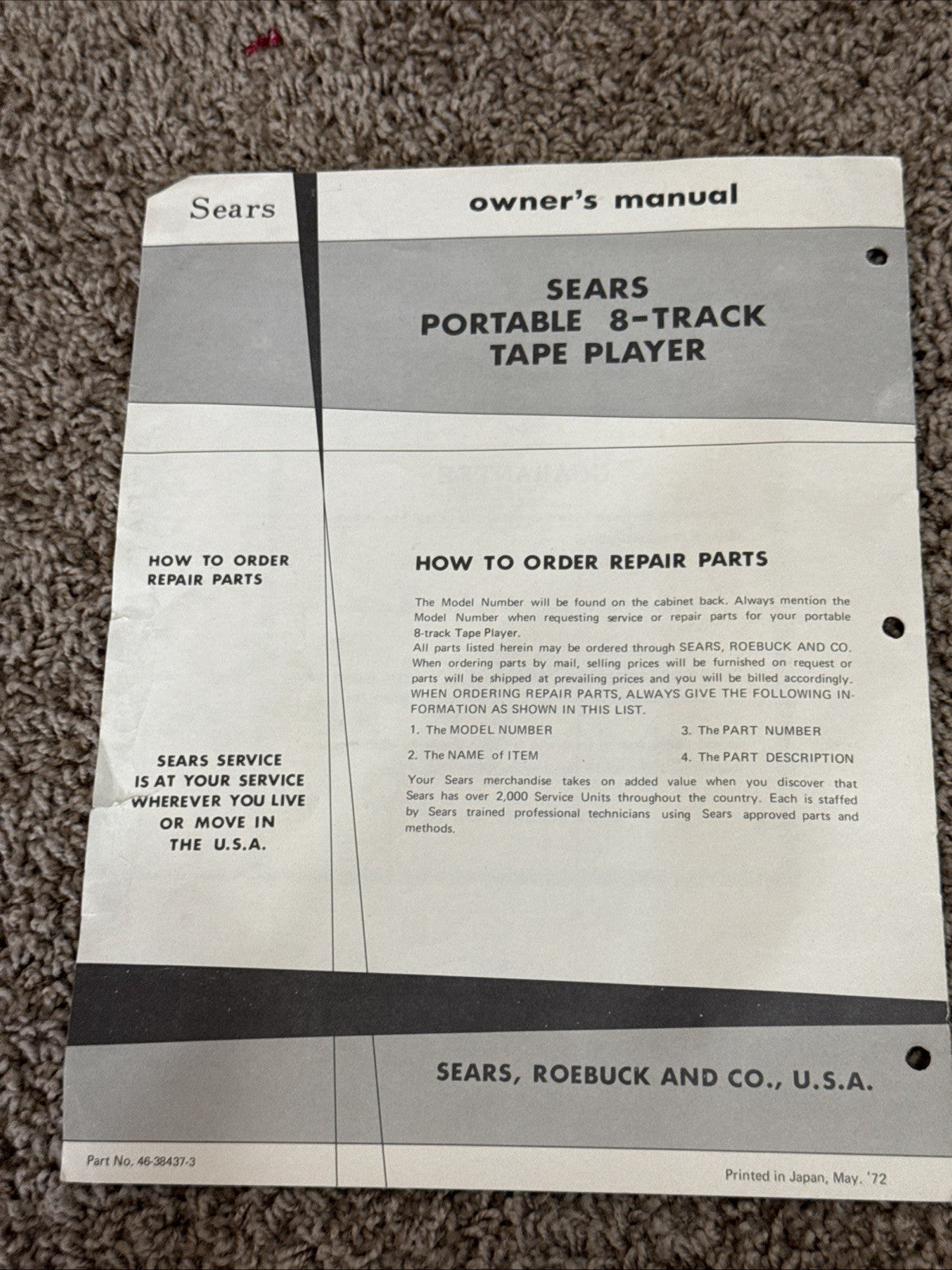 1972 Sears Portable 8 Track Tape Player Original Owner Manual Service Guide