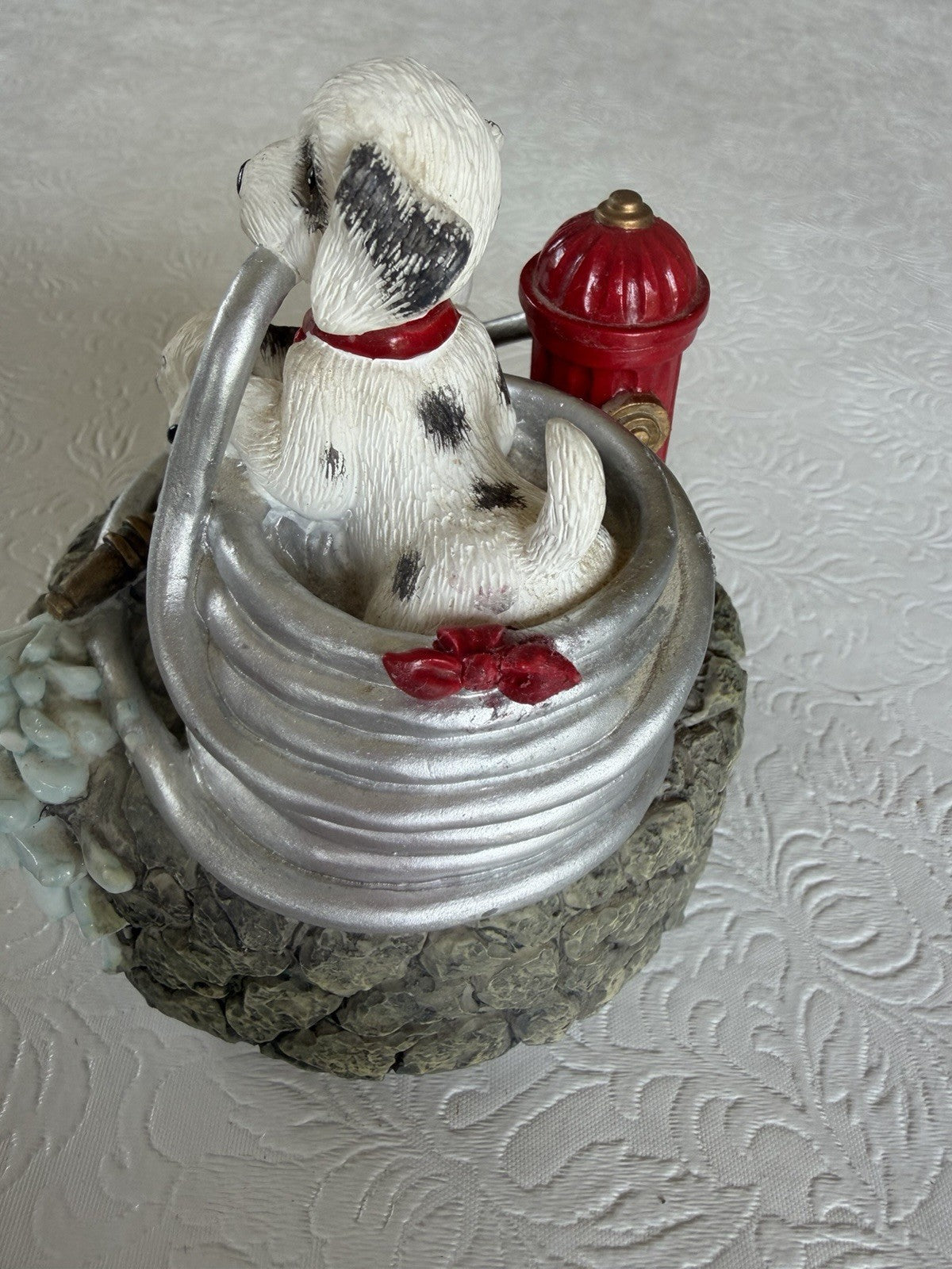 Vintage Dalmatian Puppy Figurine Lot 4pc Wind Up Musical Music Box Red Wagon