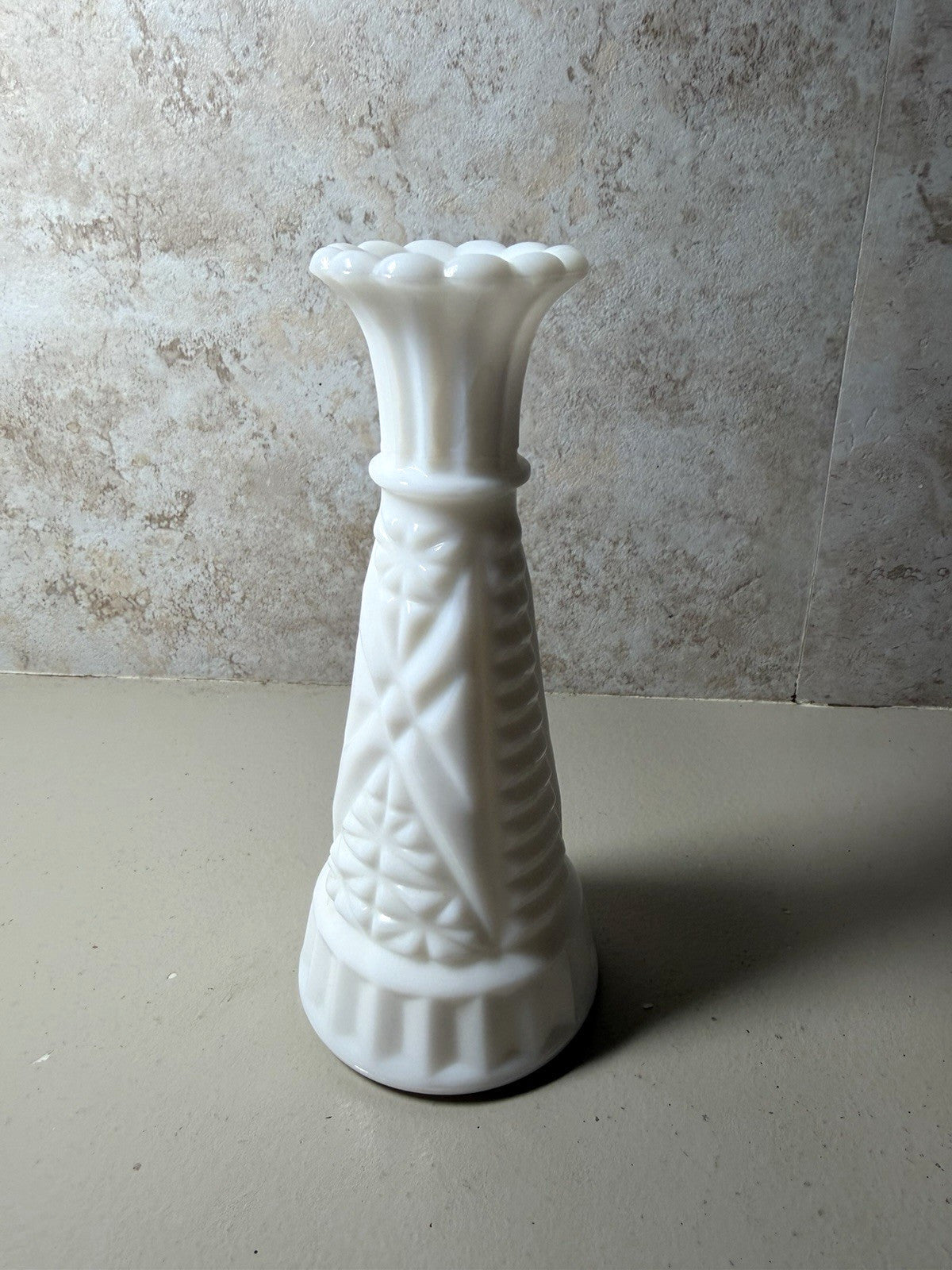 Vintage White Milk Glass Bud Vase 6 Inch Diamond Starburst Scalloped Edge