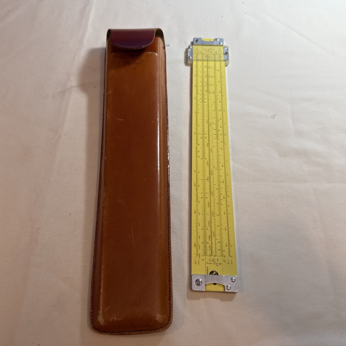 Vintage Pickett 12 Inch Metal Slide Rule Eye Saver Yellow Embossed Leather Case