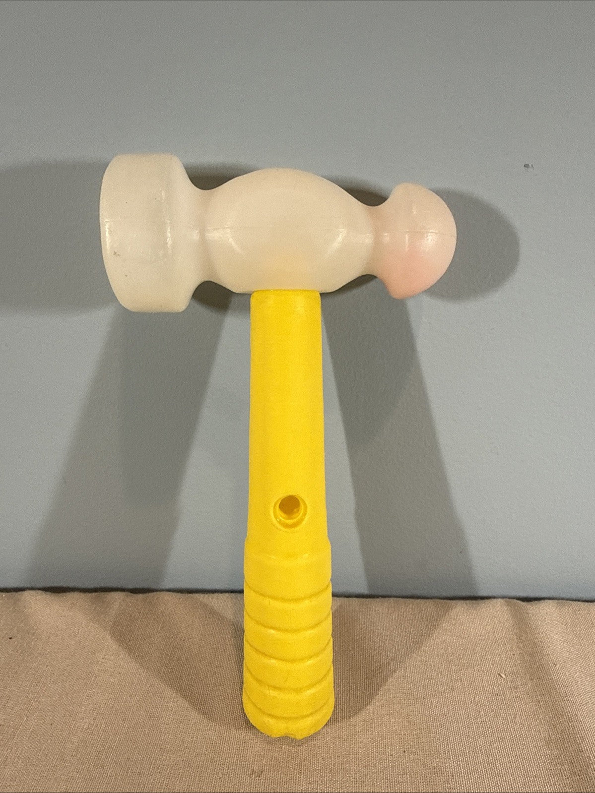 Vintage Baby Rattle Hammer Plastic Yellow White Infant Toy 1975