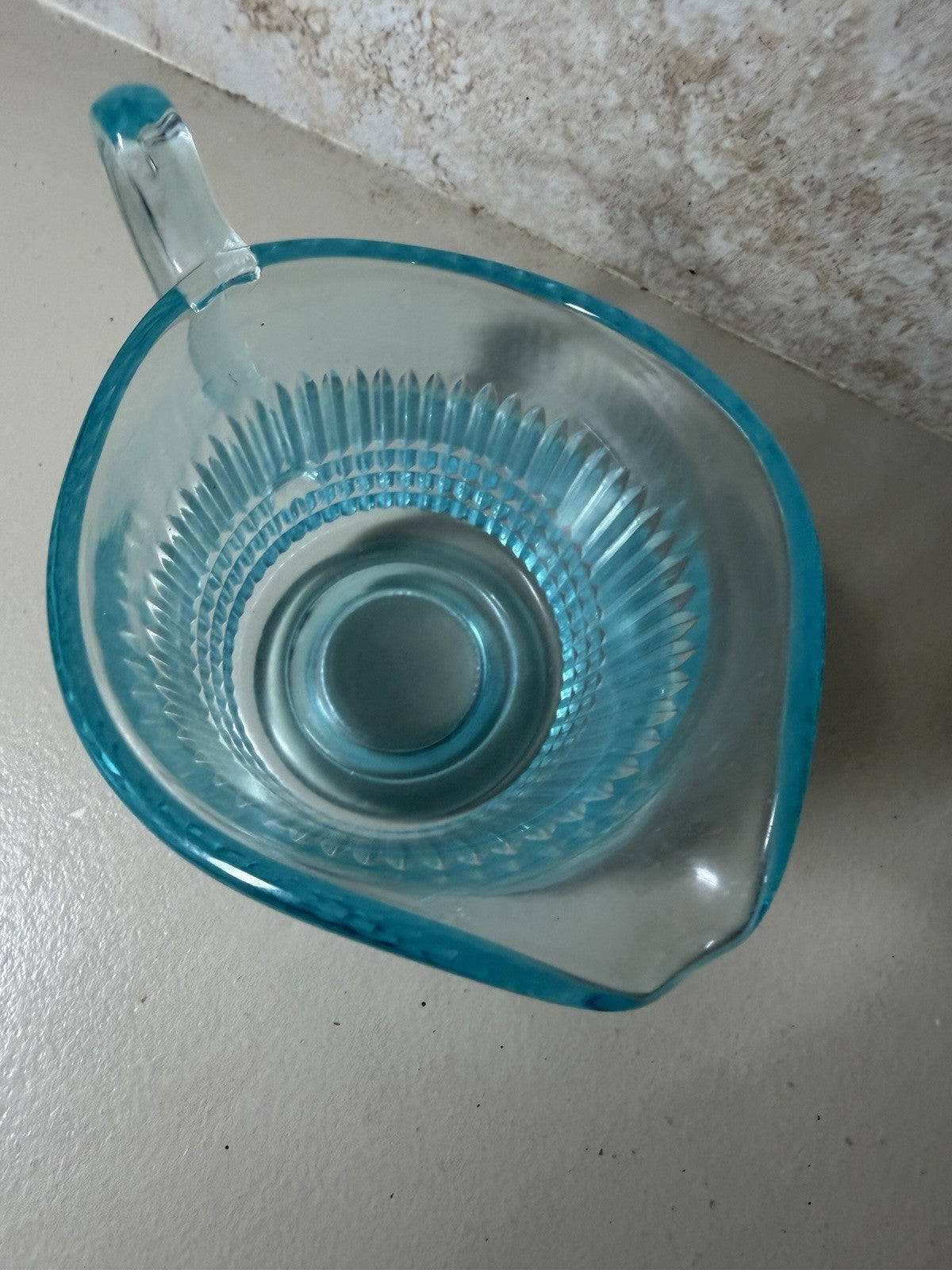Vintage Blue Pressed Glass Pitcher Creamer Fluted Diamond Pattern Tableware