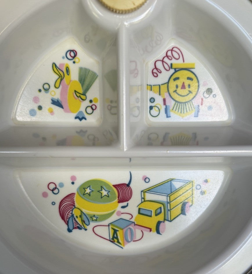 Vintage Baby Food Warmer Divided Dish Boy Girl Yellow Screw Plug Nursery Feeding
