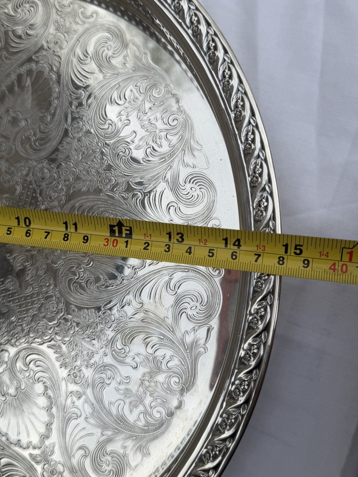 WM Rogers Son Silver Plate Platter Spring Flower Round Tray 15" + Storage Felt