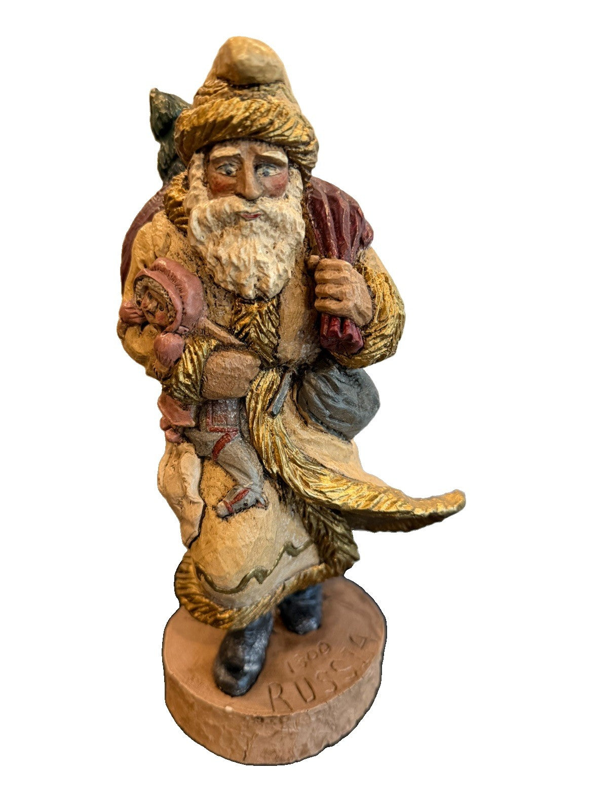 Pair Hand Carved Folk Art Santa Figurines Austrian Russian Style Wooden Figures