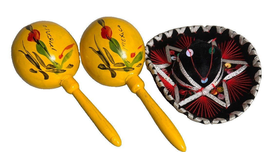 Vintage Mexico Souvenir Maracas Mini Sombrero Hand Painted Gift Lot