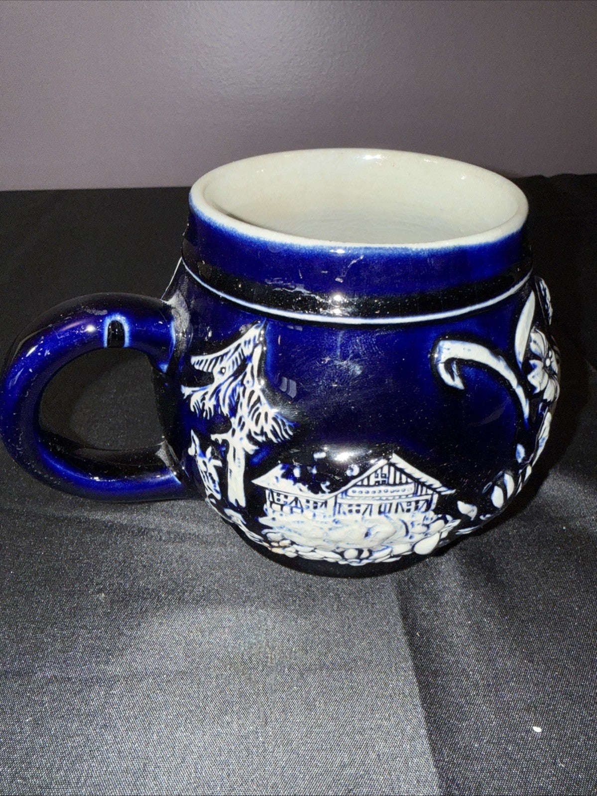 Vintage Cobalt Blue Salt Glaze Mug Germany House Trees Friends Flowers