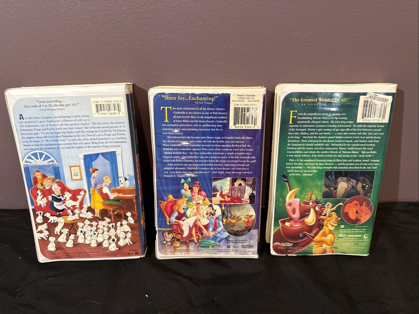 Lot Of 3 Disney VHS 101 Dalmatians Cinderella Loin King
