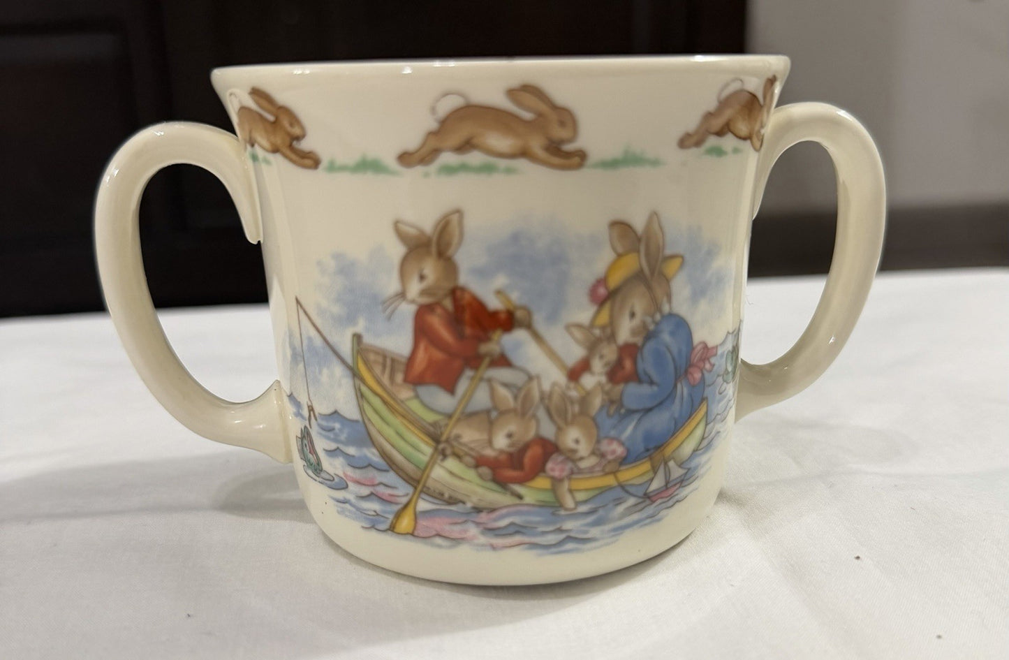 Vintage Royal Doulton Bunnykins Double Handled Cup, Bunny Family Fishing, Child