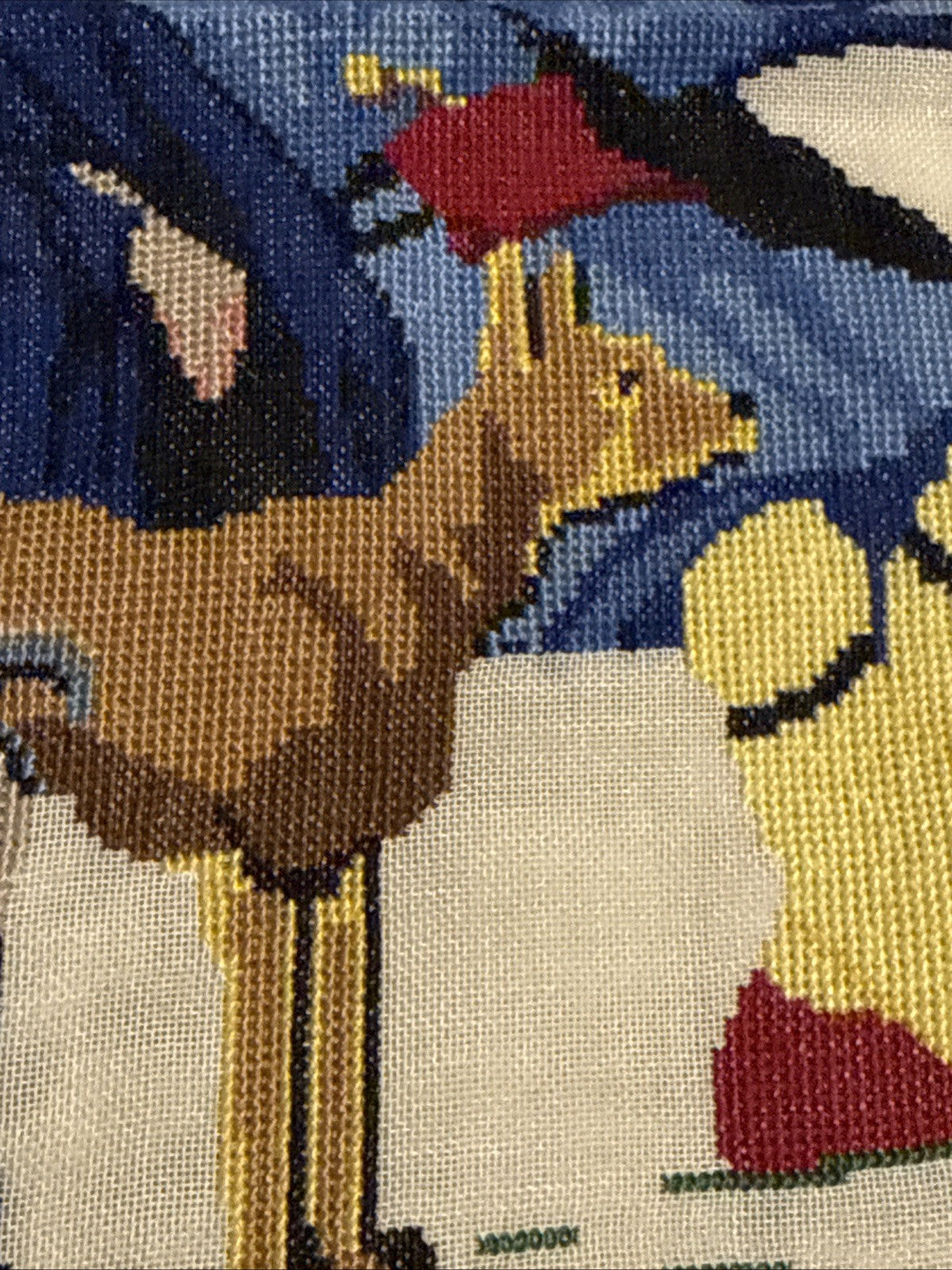 Vintage Hand Embroidered Middle Eastern Textile Panel Folk Art Desert Scene MCM