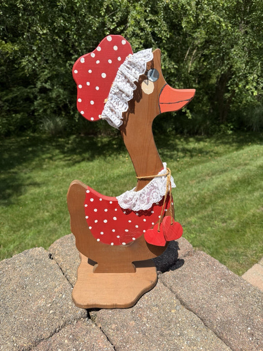 Vintage Wooden Porch Goose Statue Polka Dot Bonnet Lace Country Decor Hand Paint